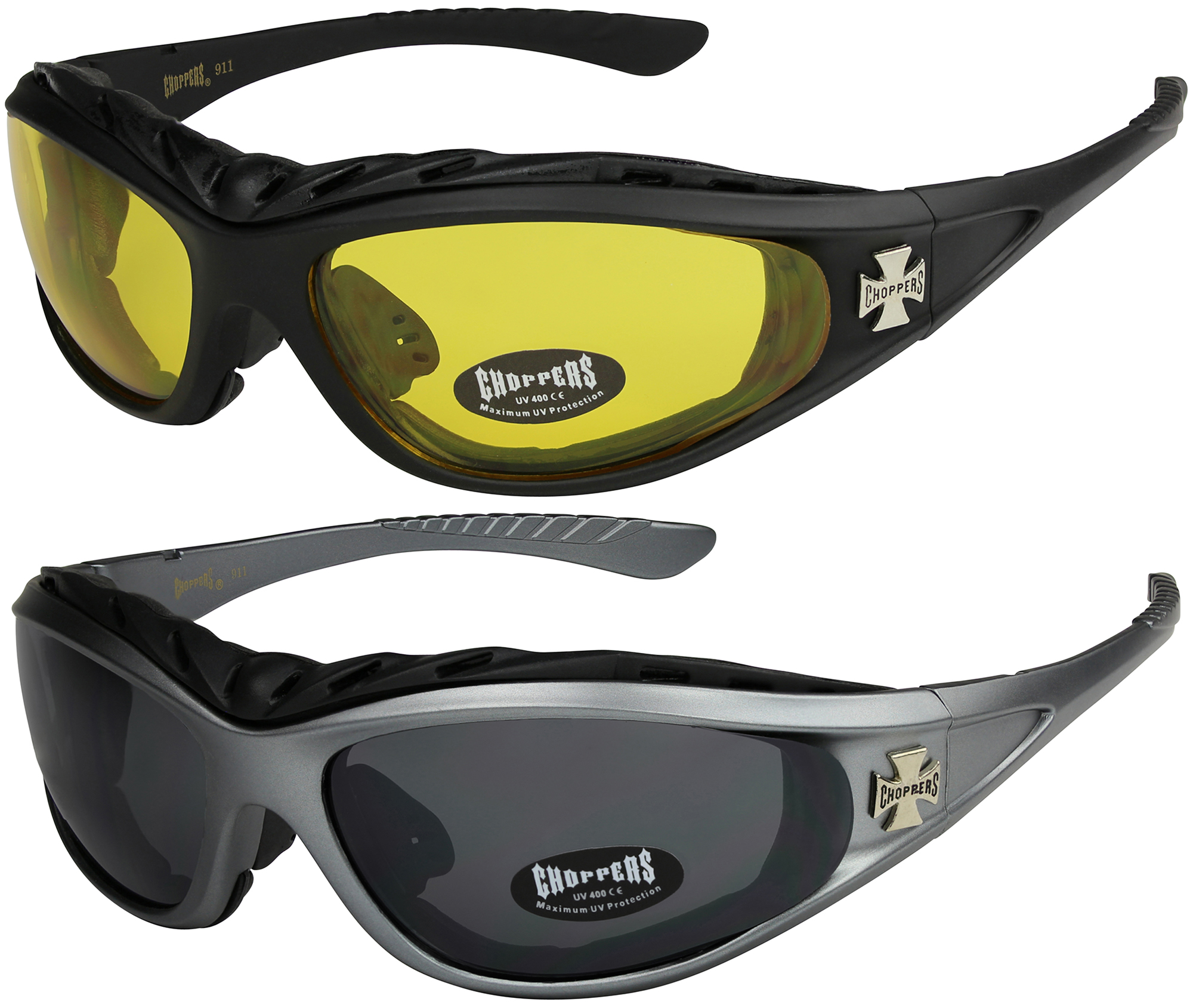 2er Pack Choppers 911 Locs Motorradbrille gelb getönt Gläser Männer Frauen grau 