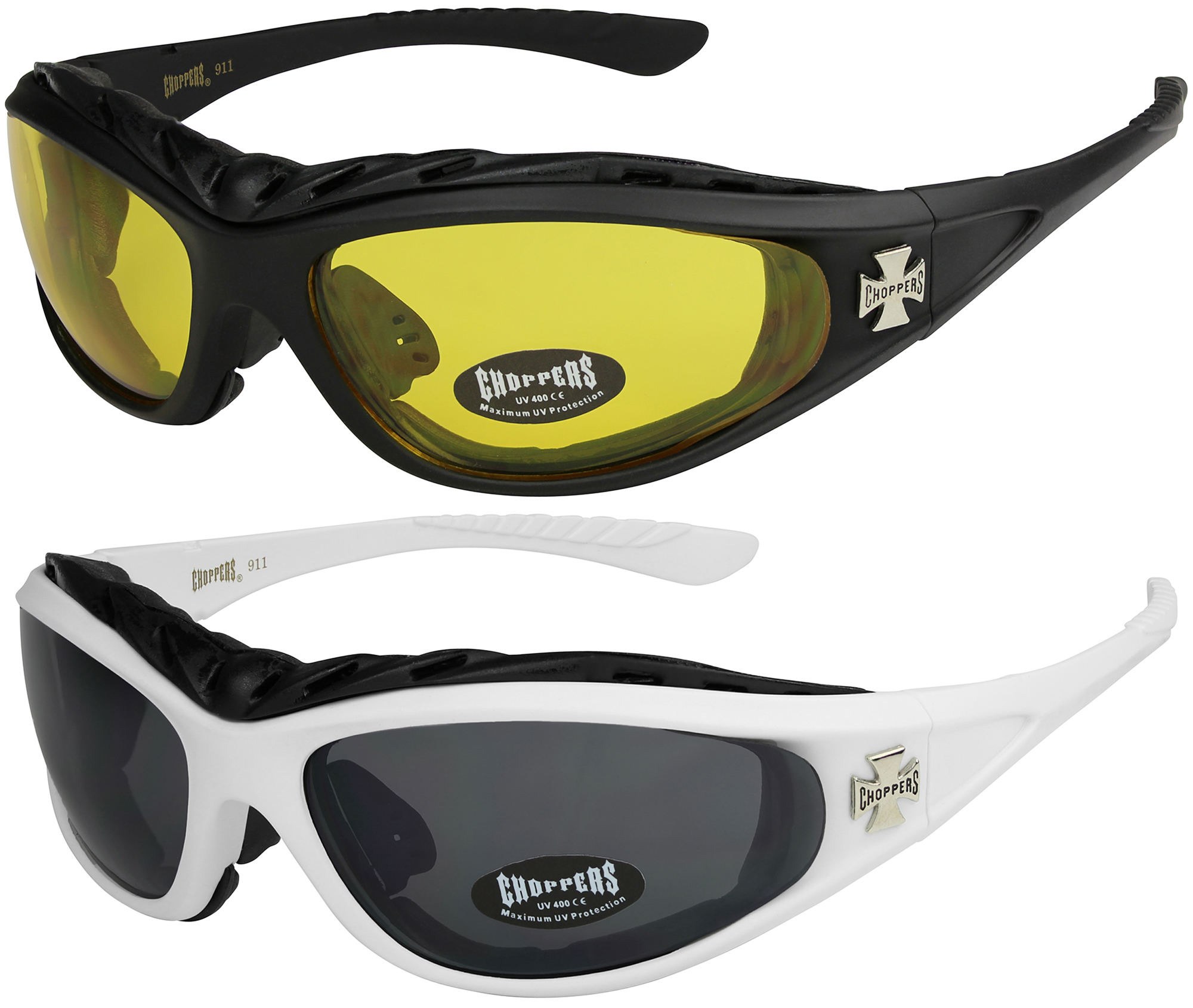 2er Pack Choppers 911 Locs Motorradbrille gelbe Gläser Männer Frauen schwarz 