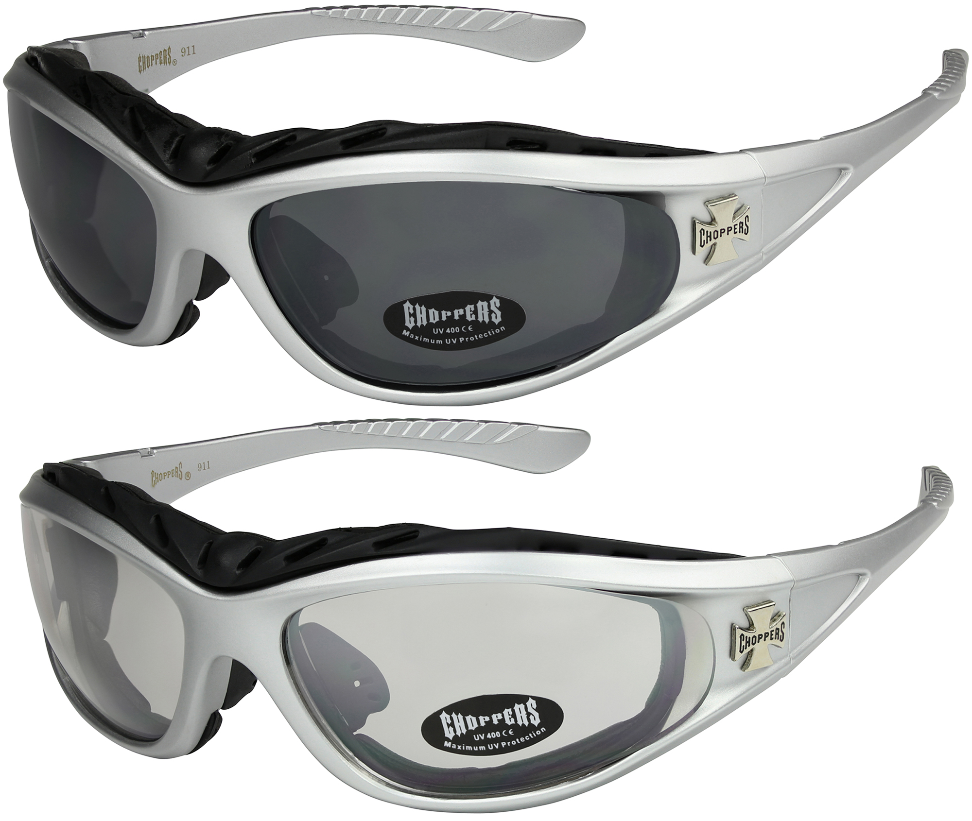 2er Pack Choppers 911 Locs Sport Brille Sonnenbrille Herren Damen schwarz silber 