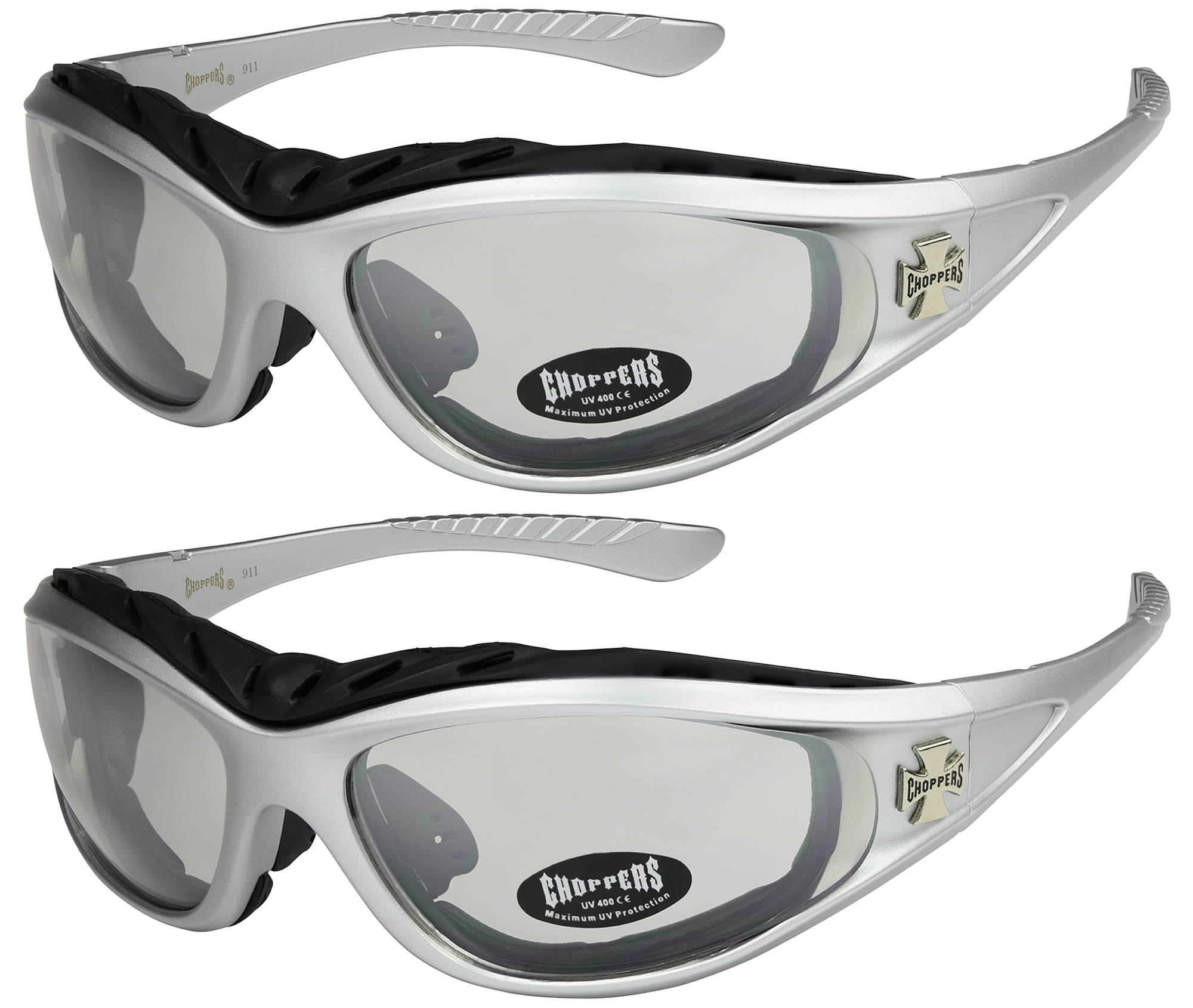 2er Pack Choppers 911 Locs Motorradbrille gepolstert Brille Männer Frauen silber 