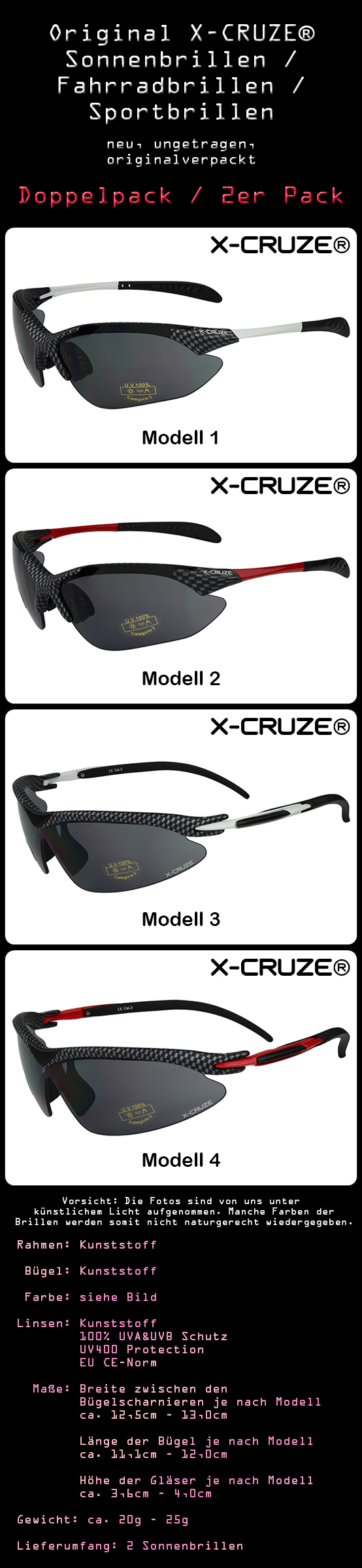 2er Pack X-CRUZE® Fahrrad Fahrradbrille Sonnenbrille Brille Herren Damen schwarz